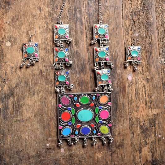 Afghani Square Oxidised Necklace with Earrings - GlitterGleam