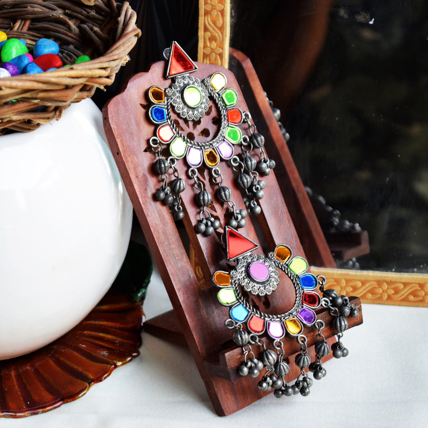 Designer German Silver Afghani Glass Chandbali