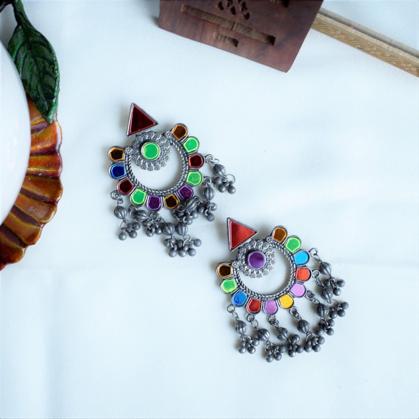 Designer German Silver Afghani Glass Chandbali