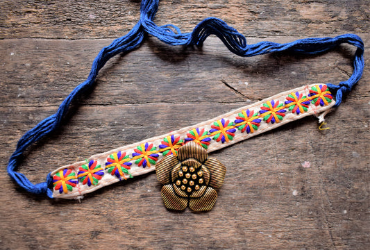 Golden Oxidised Flower Pendant Fabric Choker Necklace - GlitterGleam
