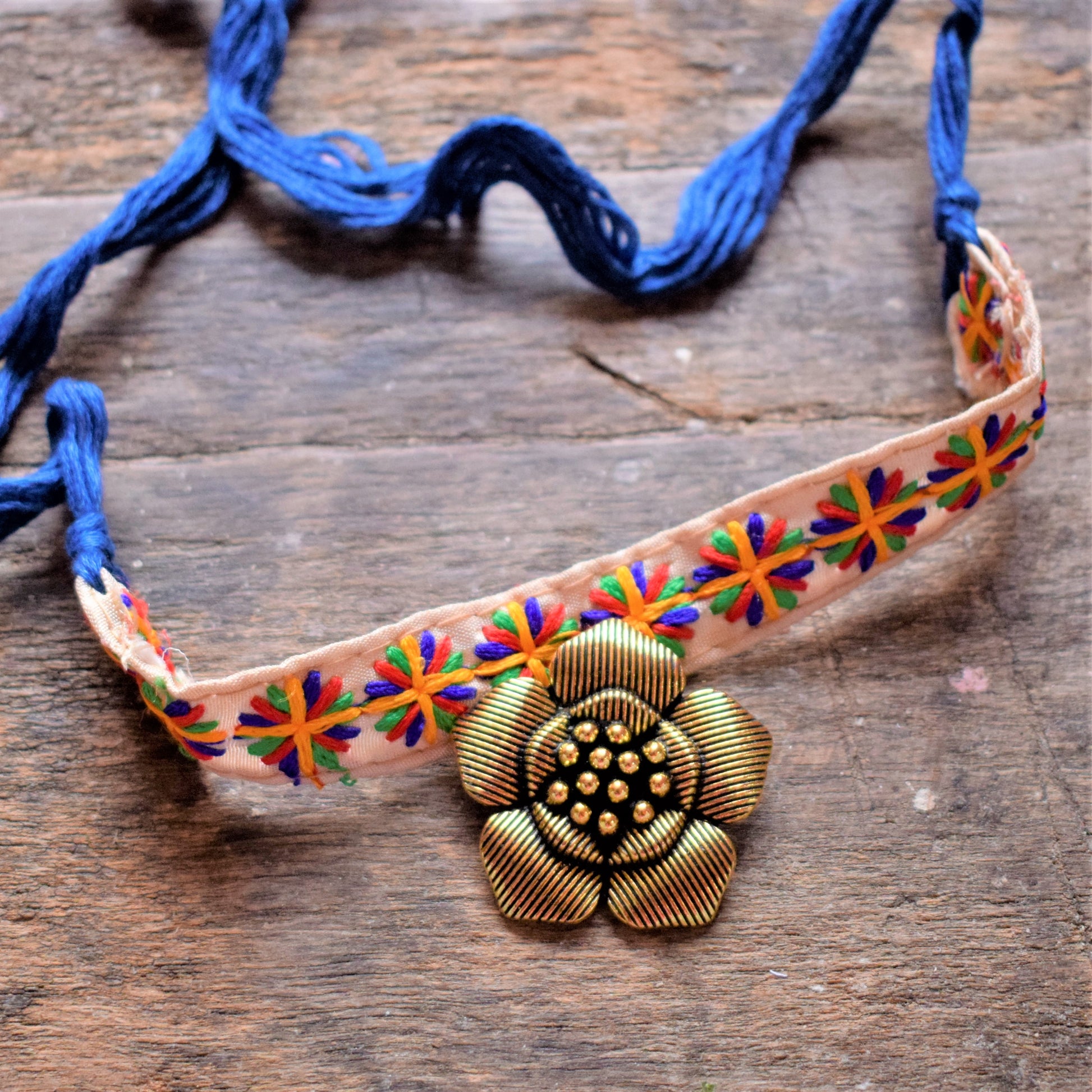 Golden Oxidised Flower Pendant Fabric Choker Necklace - GlitterGleam