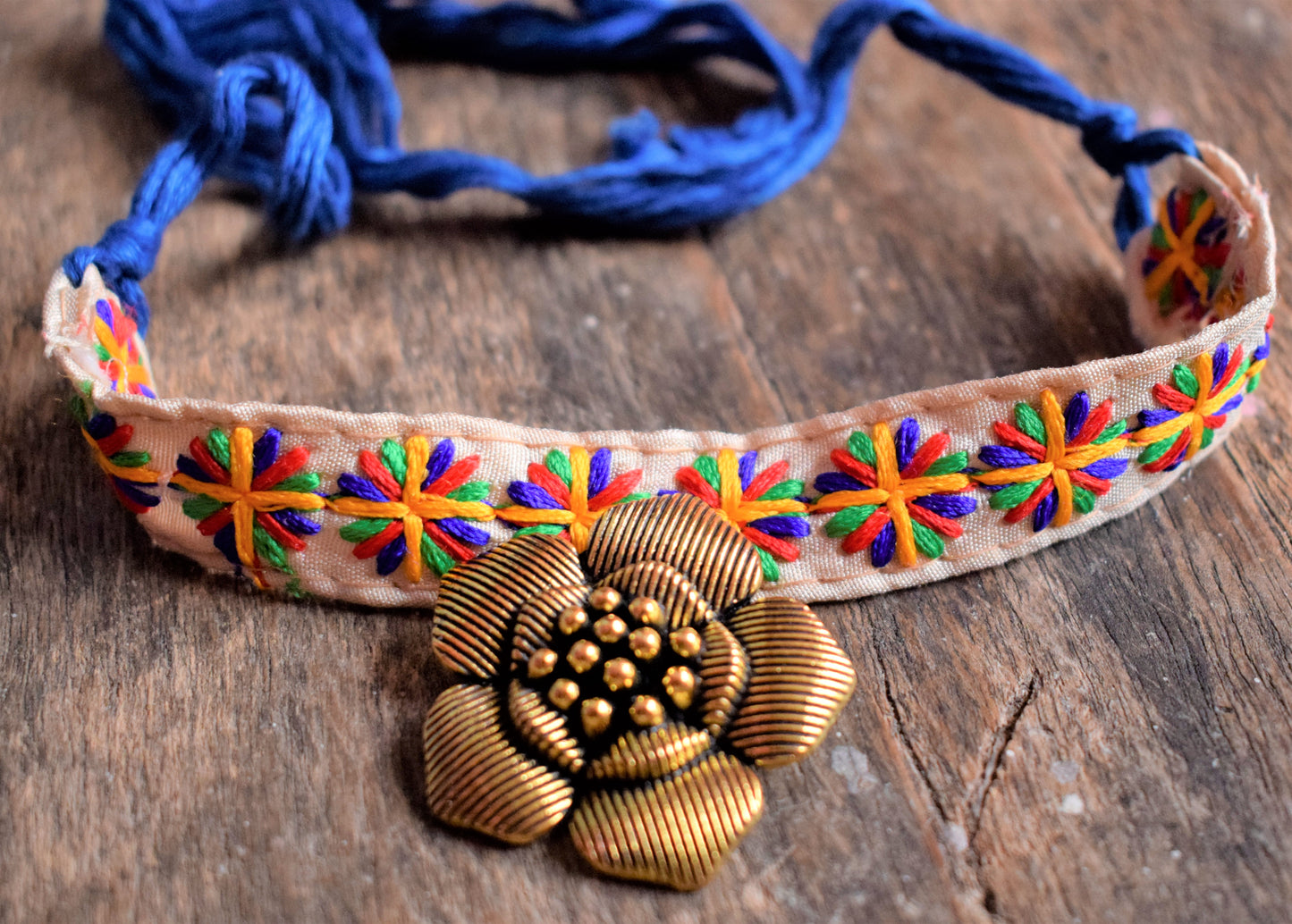 Golden Oxidised Flower Pendant Fabric Choker Necklace - GlitterGleam