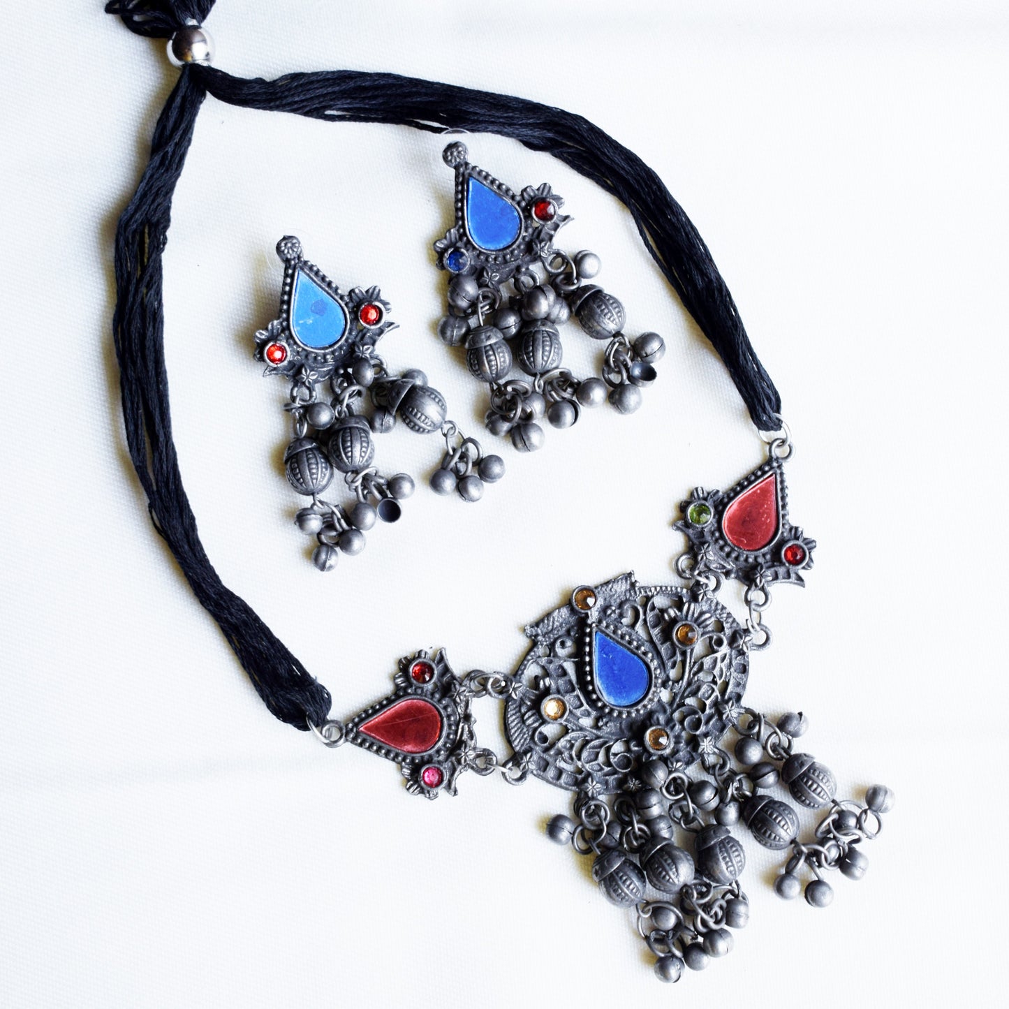 Antique Afghani Silver Oxidised Half Choker Necklace with Earrings