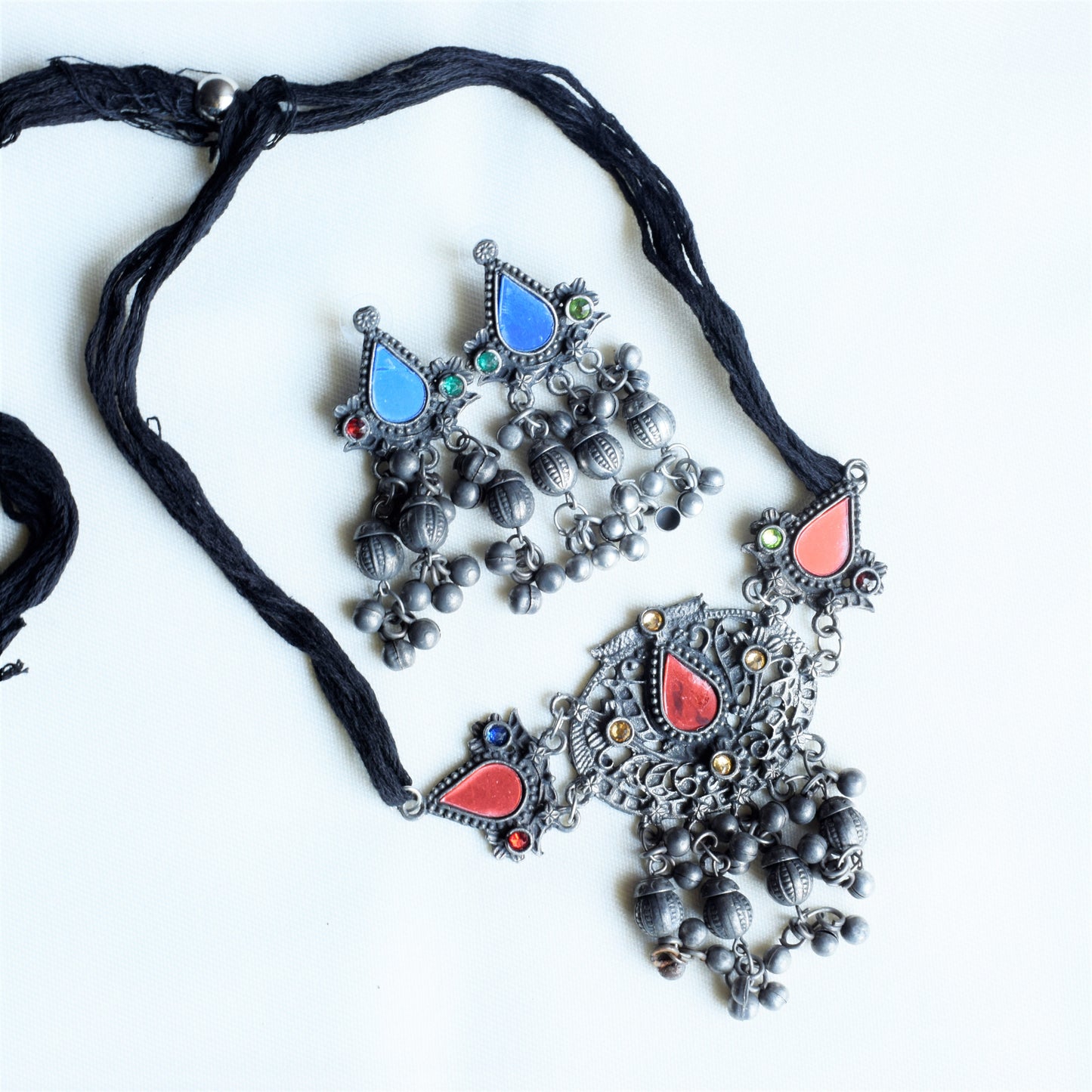Antique Afghani Silver Oxidised Half Choker Necklace with Earrings