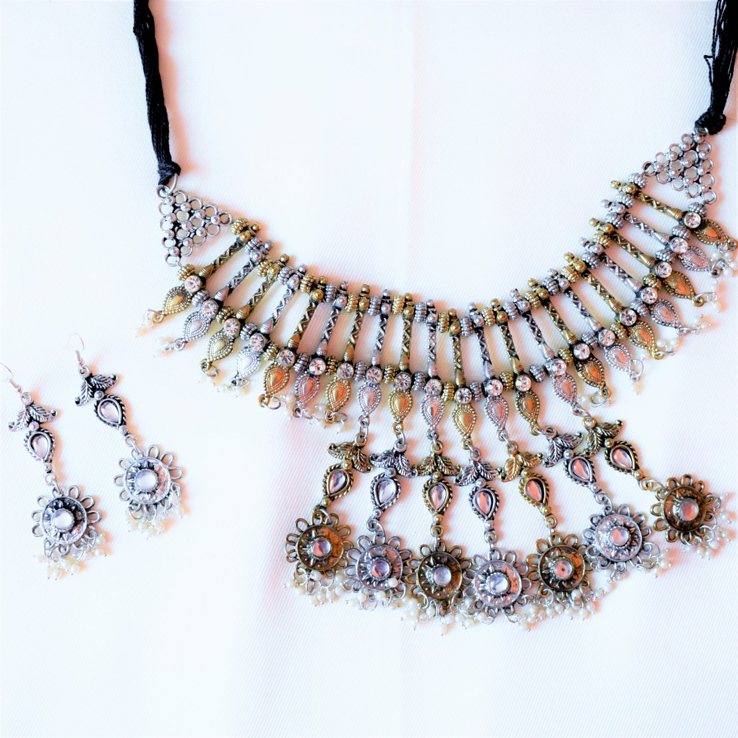 Tribal Bead Choker Necklace Set with Floral Tassels