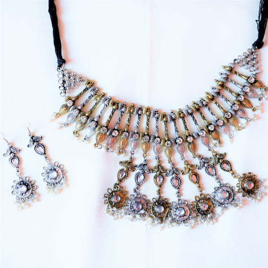 Tribal Bead Choker Necklace Set with Floral Tassels