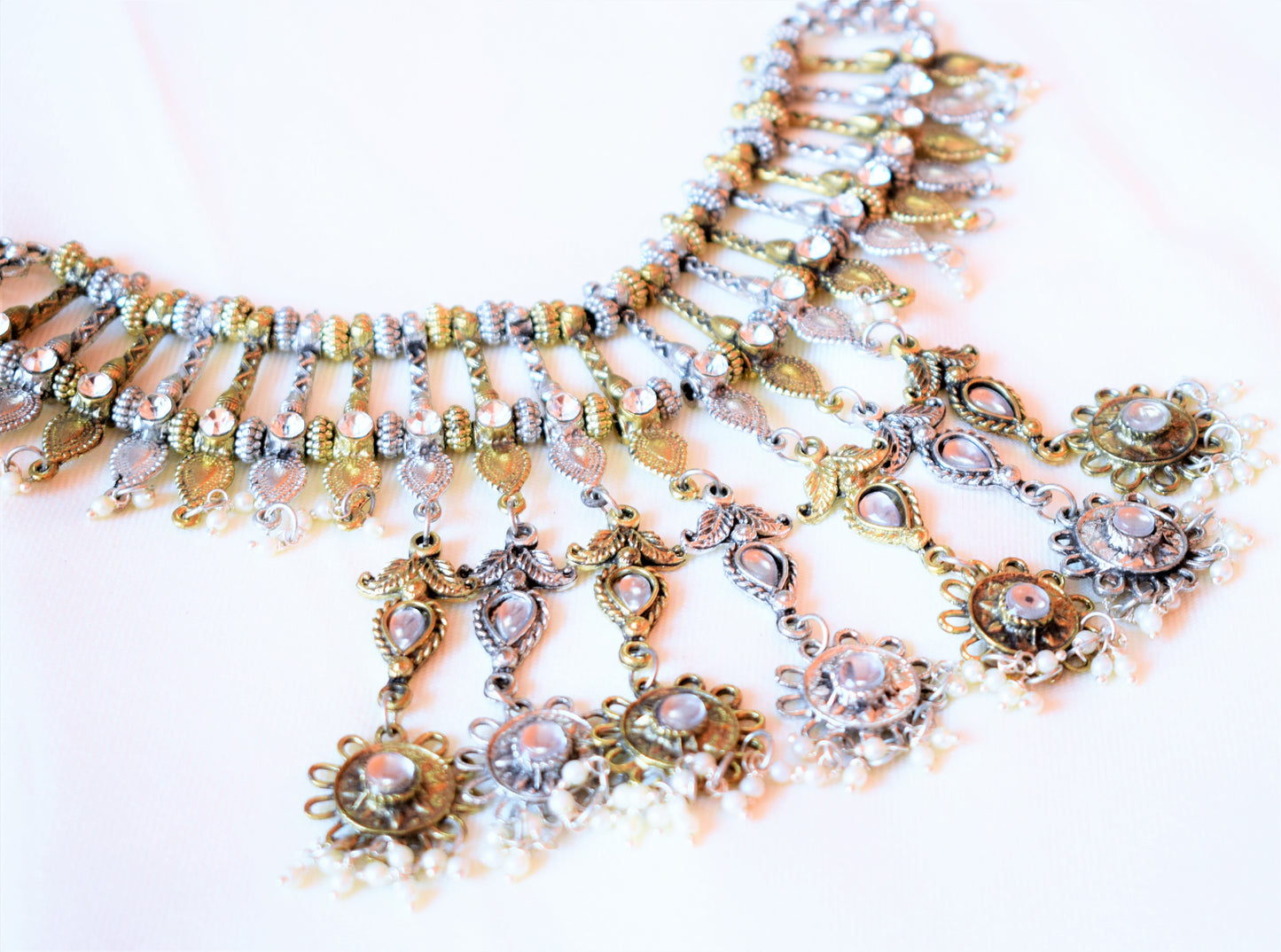 Tribal Bead Choker Necklace Set with Floral Tassels