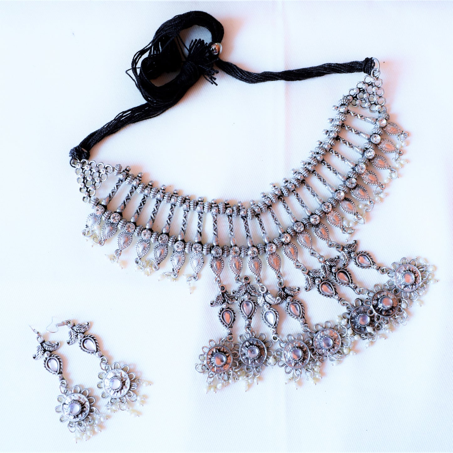 Tribal Bead Choker Necklace Set with Floral Tassels