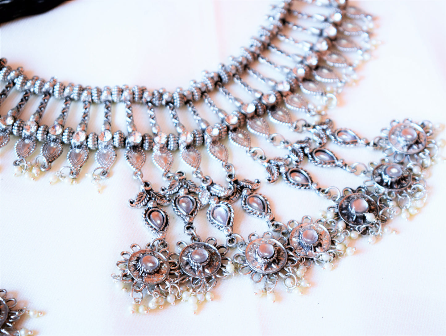 Tribal Bead Choker Necklace Set with Floral Tassels
