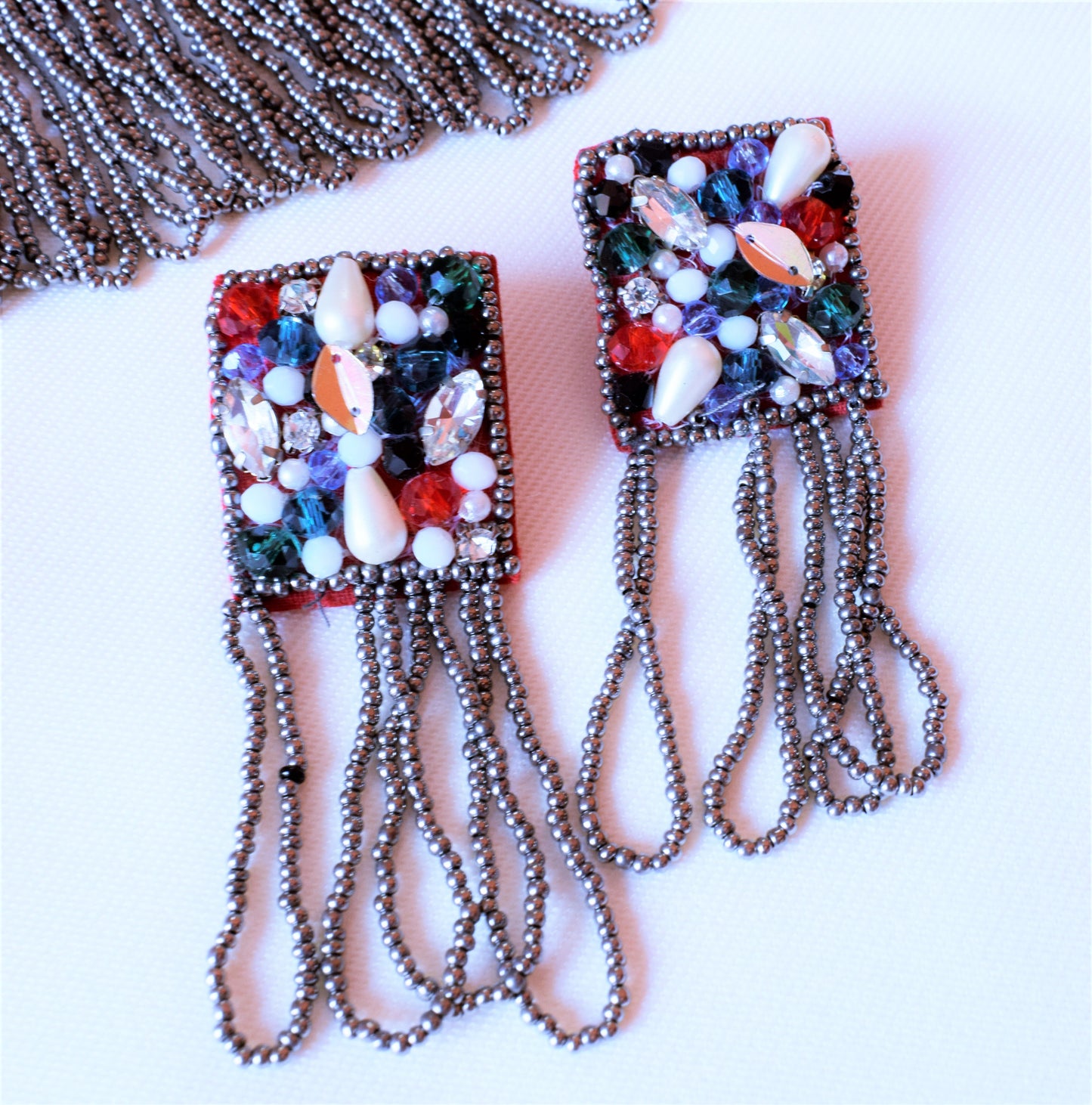 Handcrafted Bead and Crystal Maroon Fabric Choker Necklace with Earrings