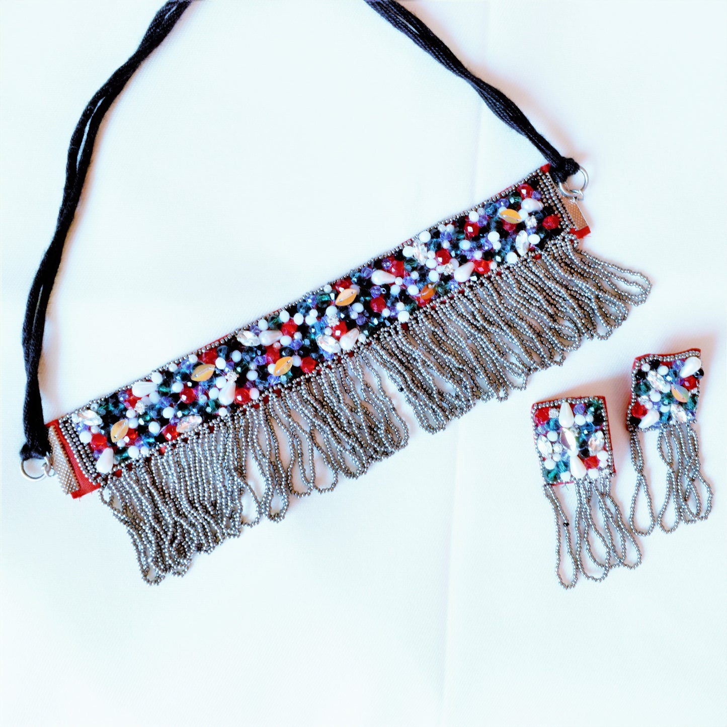 Handcrafted Bead and Crystal Maroon Fabric Choker Necklace with Earrings