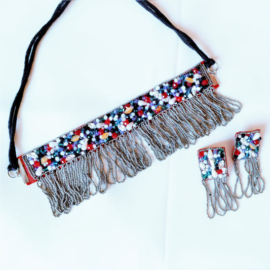 Handcrafted Bead and Crystal Maroon Fabric Choker Necklace with Earrings