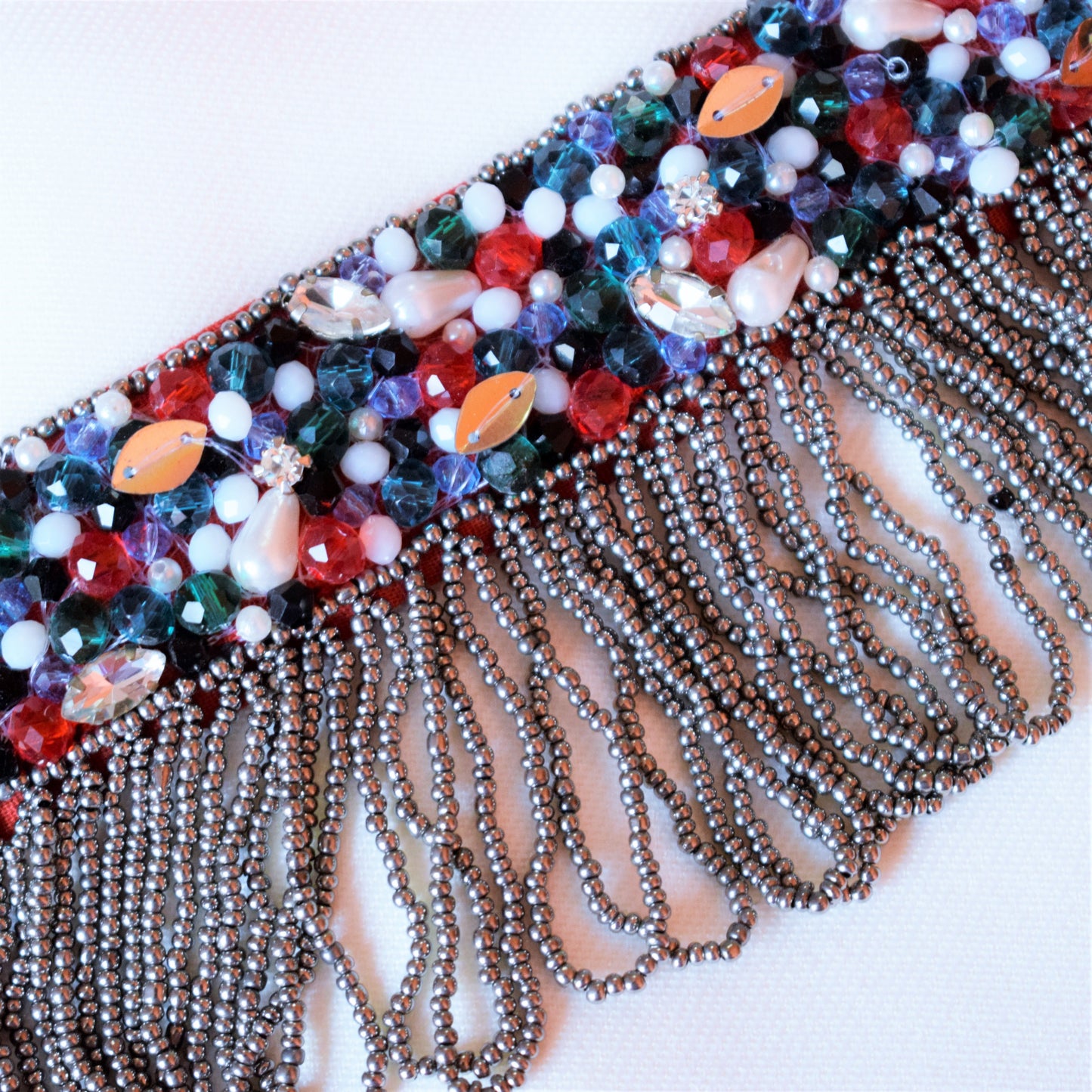 Handcrafted Bead and Crystal Maroon Fabric Choker Necklace with Earrings