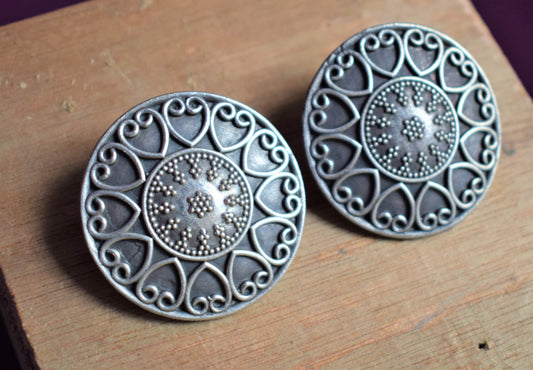 Large German Silver Heart Motif Stud Earring - GlitterGleam