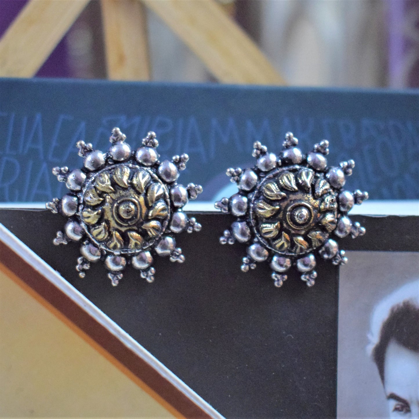 Large German Silver Angular Chakra Stud Earring - GlitterGleam