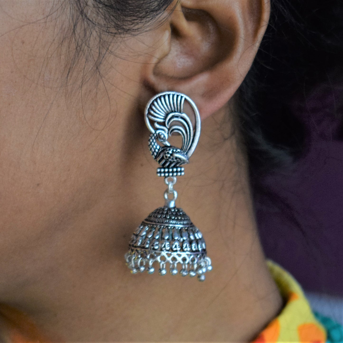 German Silver Peacock Winged Carved Jhumka - GlitterGleam