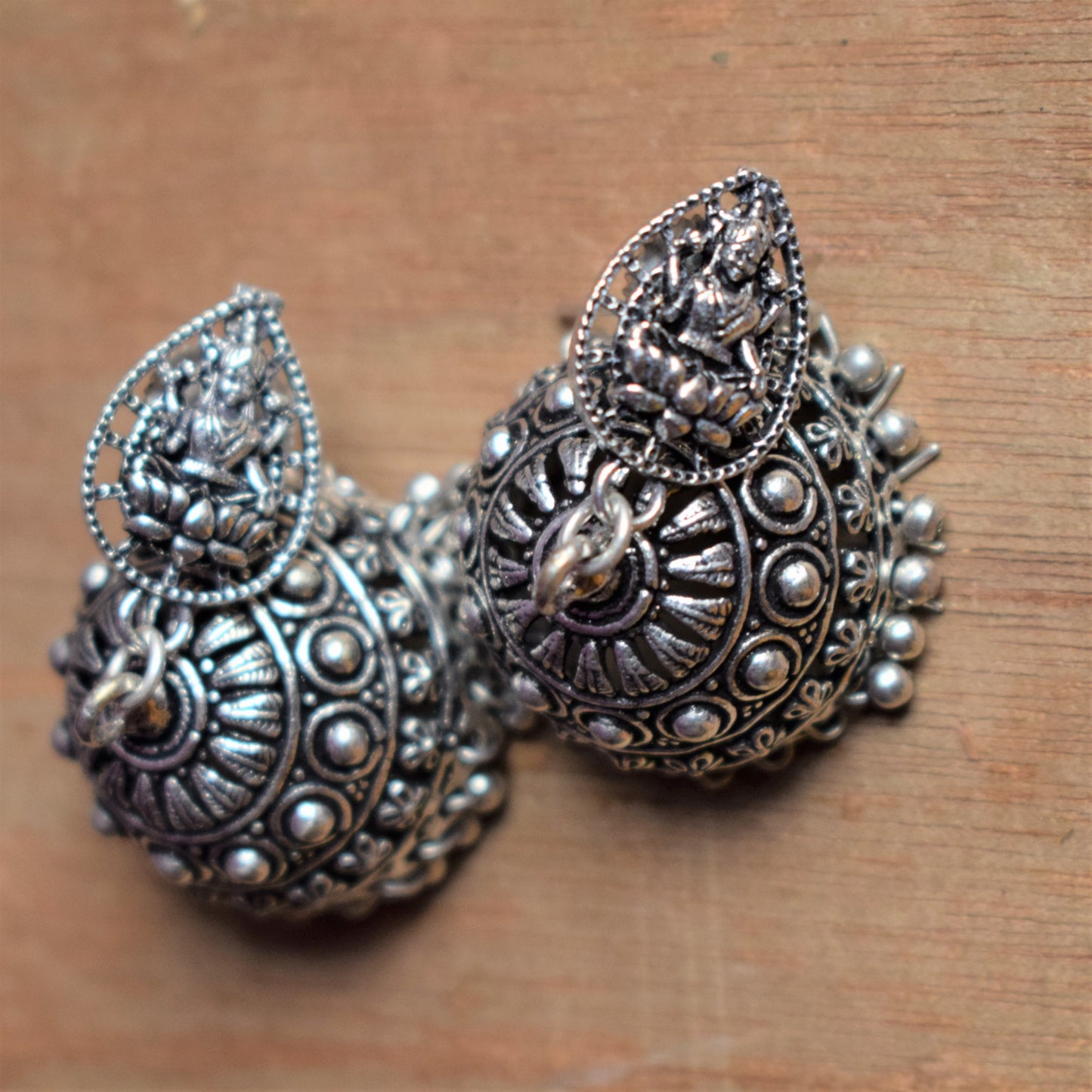 German Silver Lakshmi Stud Carved Jhumka - GlitterGleam