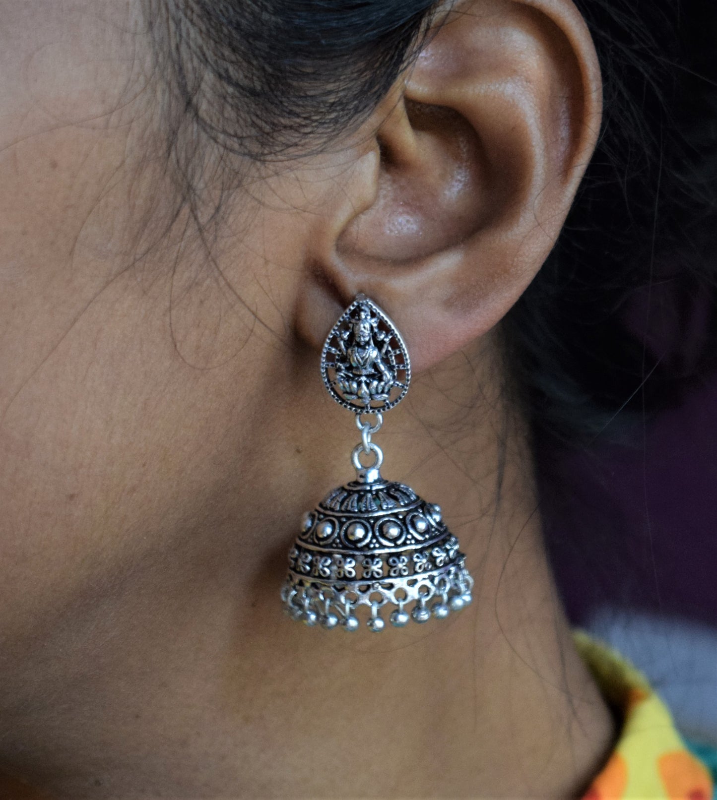 German Silver Lakshmi Stud Carved Jhumka - GlitterGleam