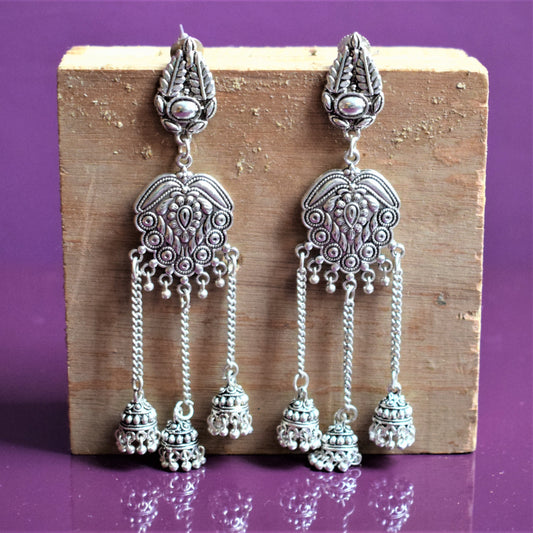 German Silver Spade Tassel Jhumki Earrings - GlitterGleam