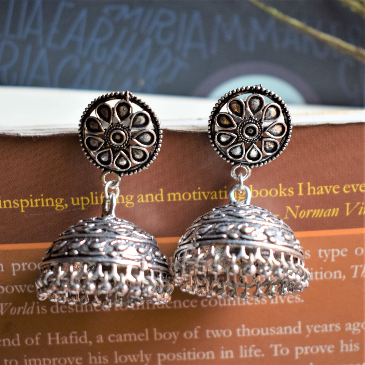 German Silver Floral Chakra Carved Jhumka - GlitterGleam