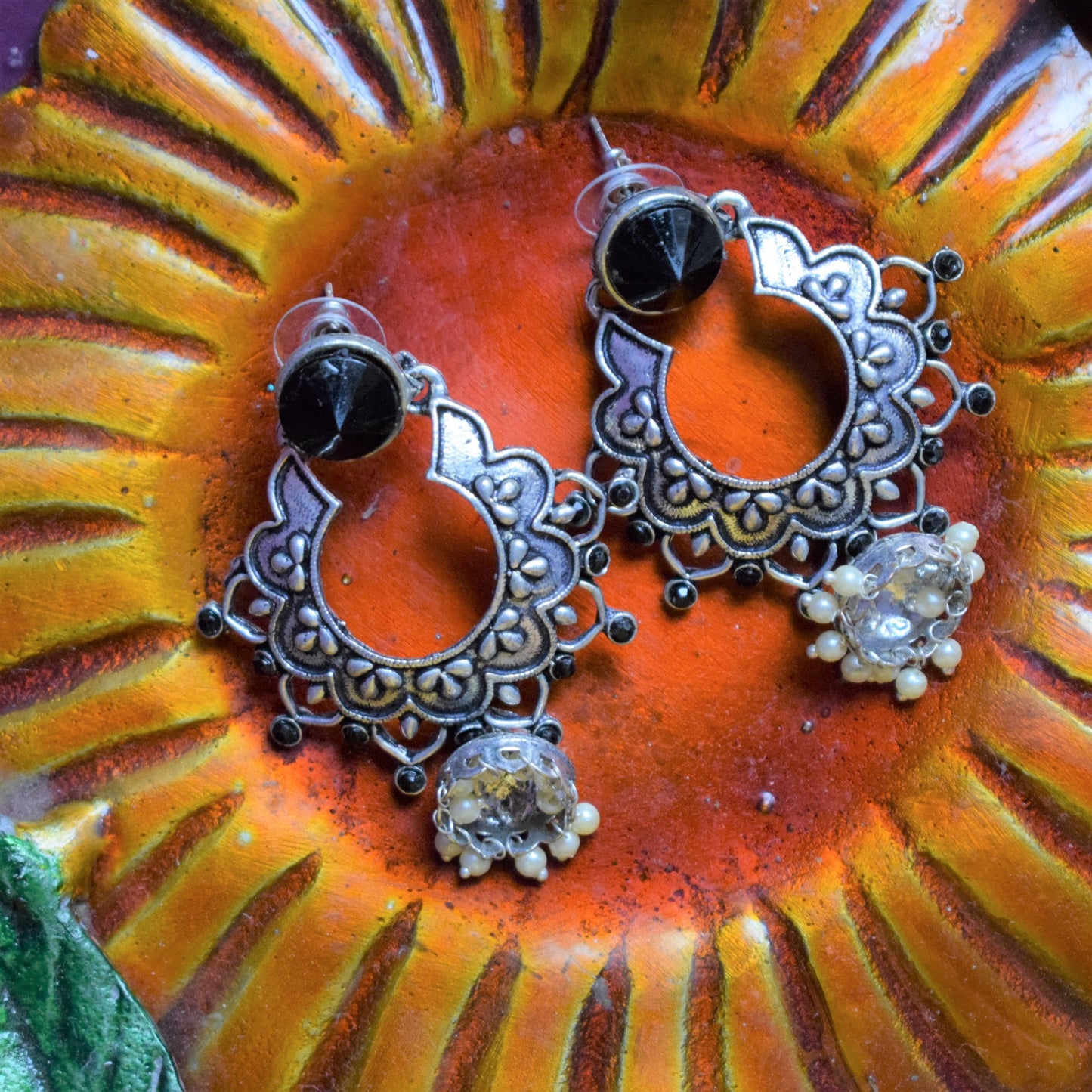 German Silver Designer Floral Carving Gemstone Earrings - GlitterGleam