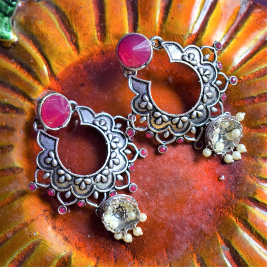 German Silver Designer Floral Carving Gemstone Earrings - GlitterGleam