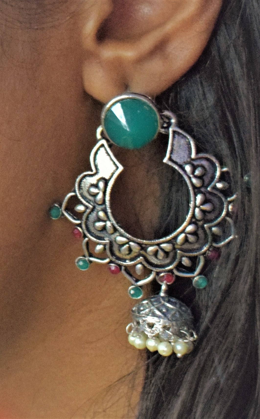 German Silver Designer Floral Carving Gemstone Earrings - GlitterGleam