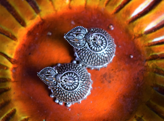 German Silver Motif Stud Carved Jhumka - GlitterGleam