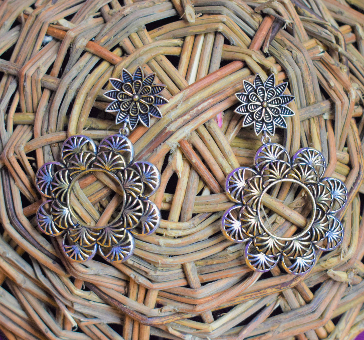 Designer German Silver Floral Carved Hanging Earrings - GlitterGleam