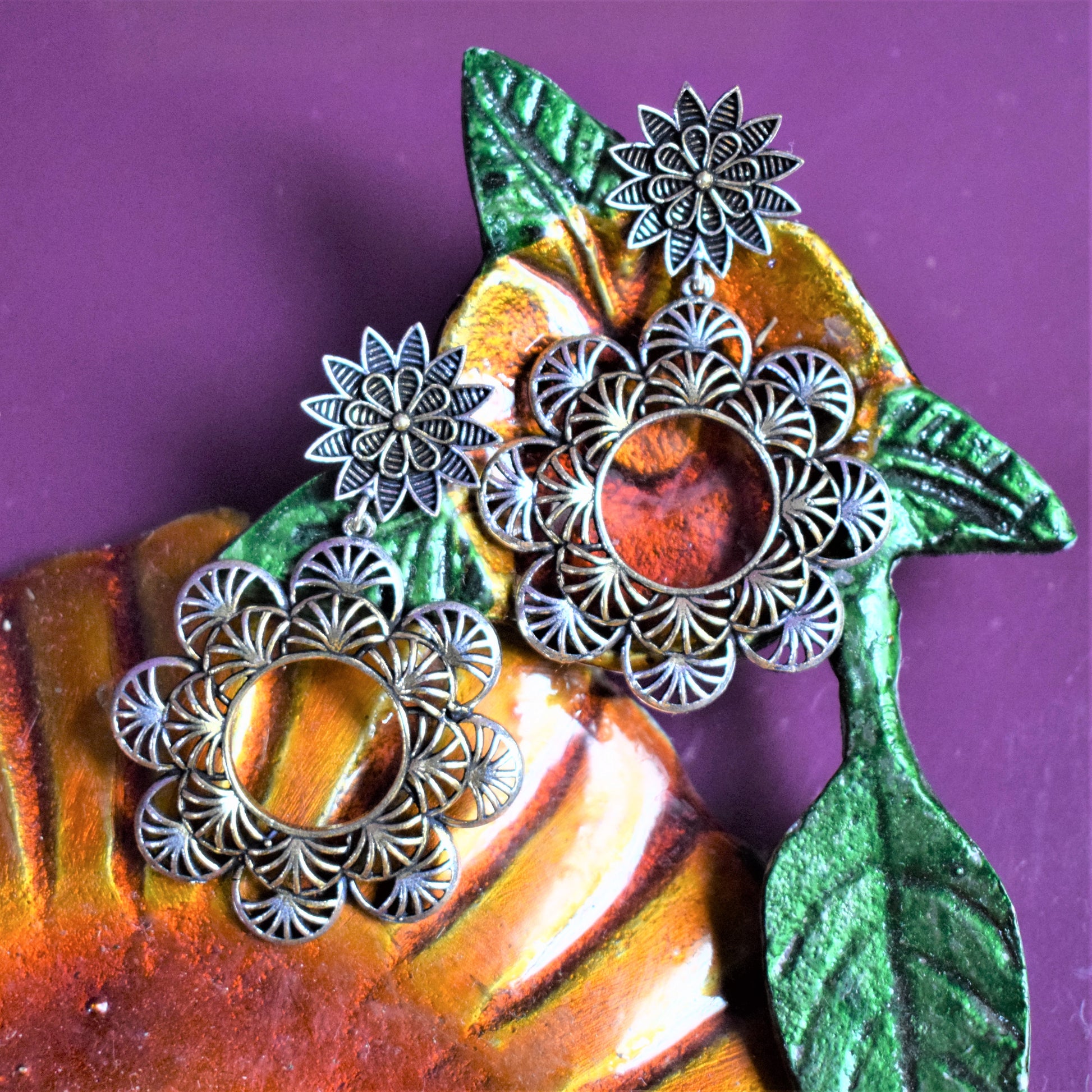 Designer German Silver Floral Carved Hanging Earrings - GlitterGleam