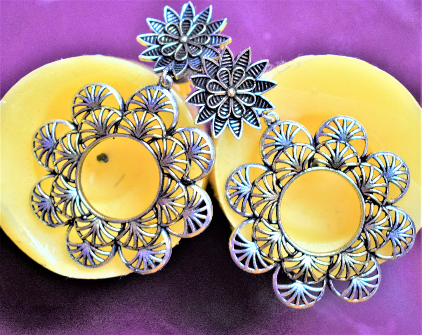 Designer German Silver Floral Carved Hanging Earrings - GlitterGleam