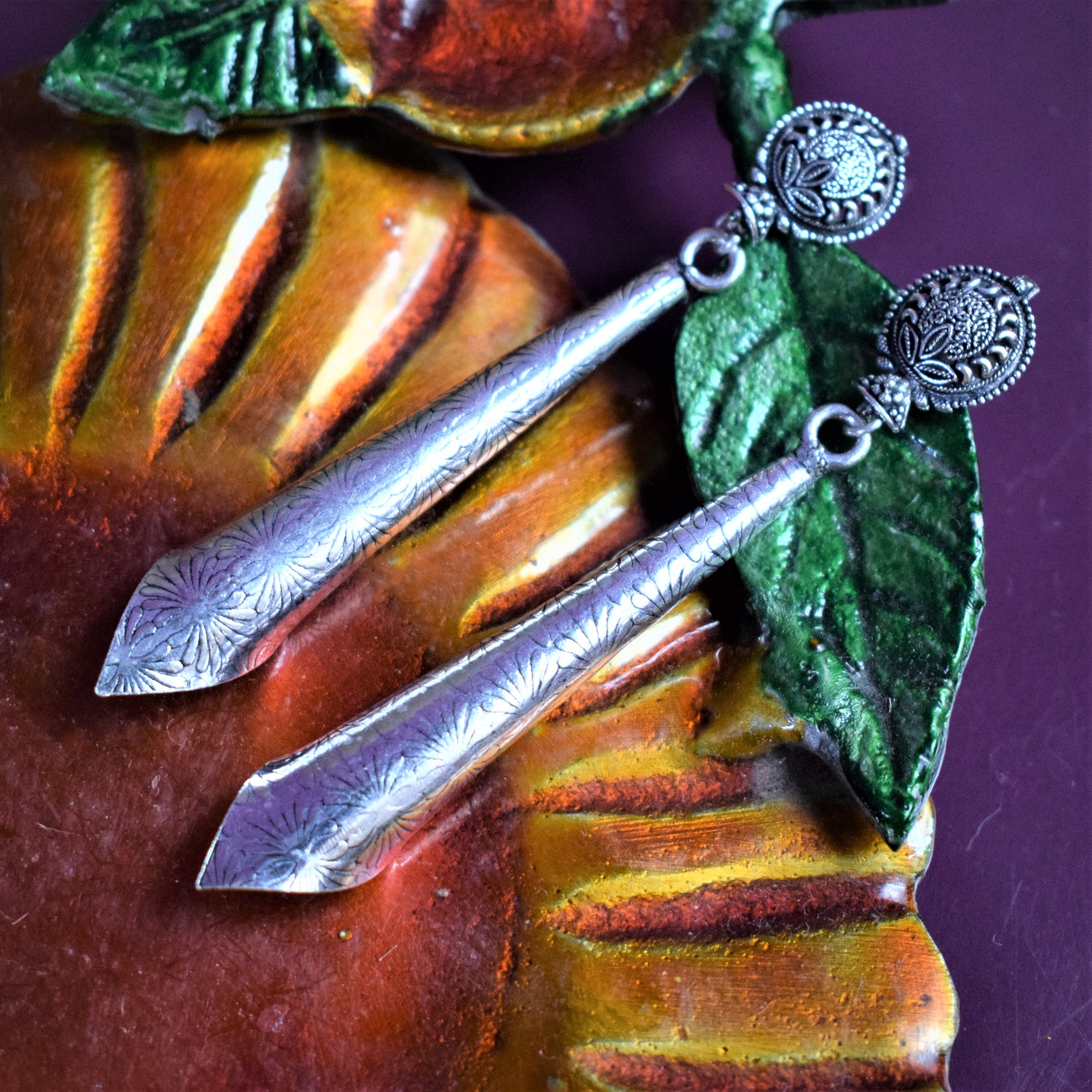 Silver Oxidised Carved Funnel Earrings - GlitterGleam