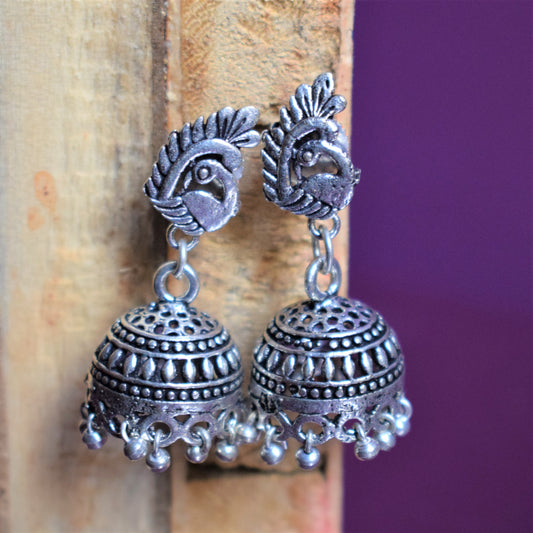 Small Winged Peacock German Silver Jhumka - GlitterGleam