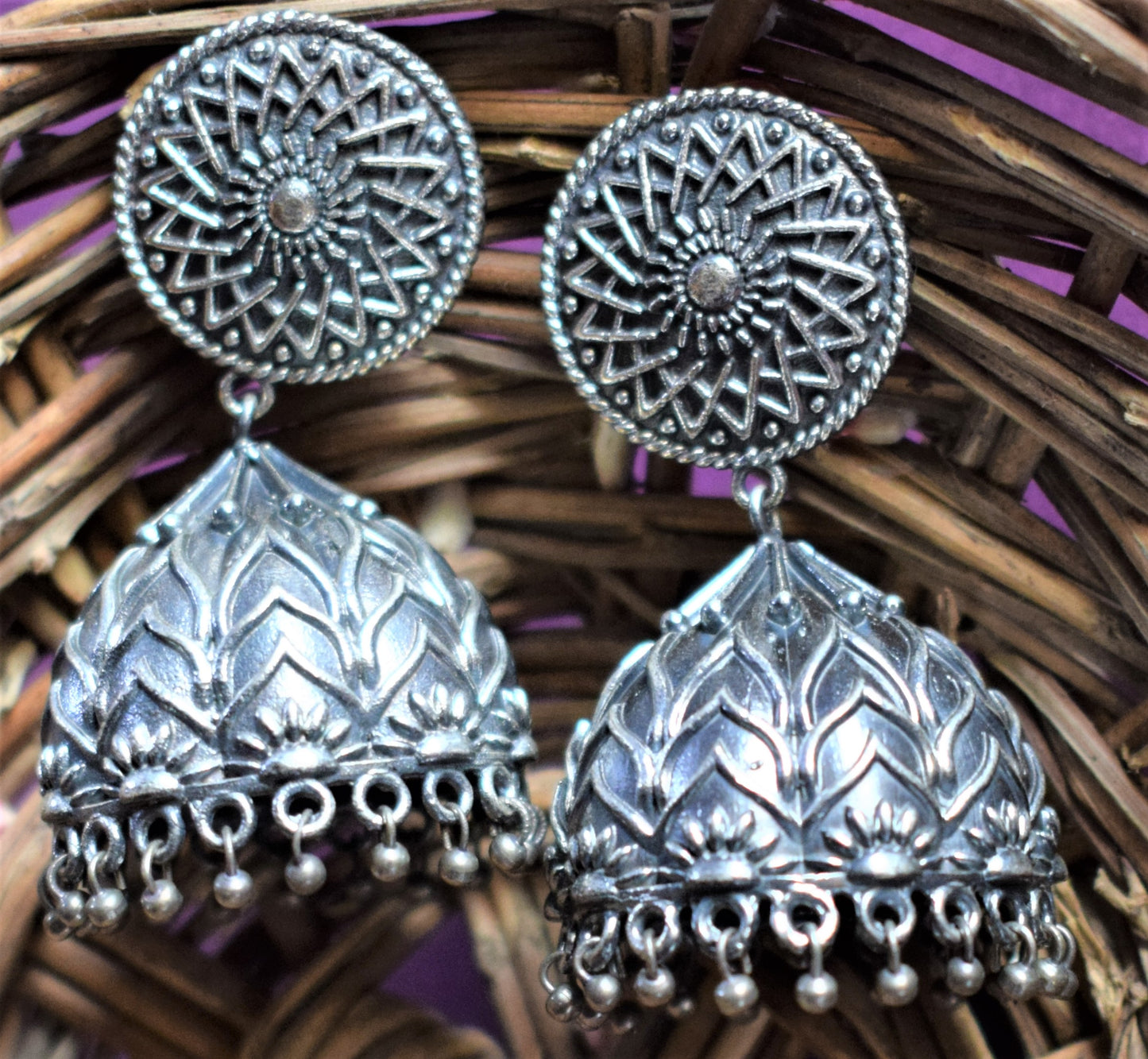 Designer Silver Surya Chakra Carved Jhumka - GlitterGleam
