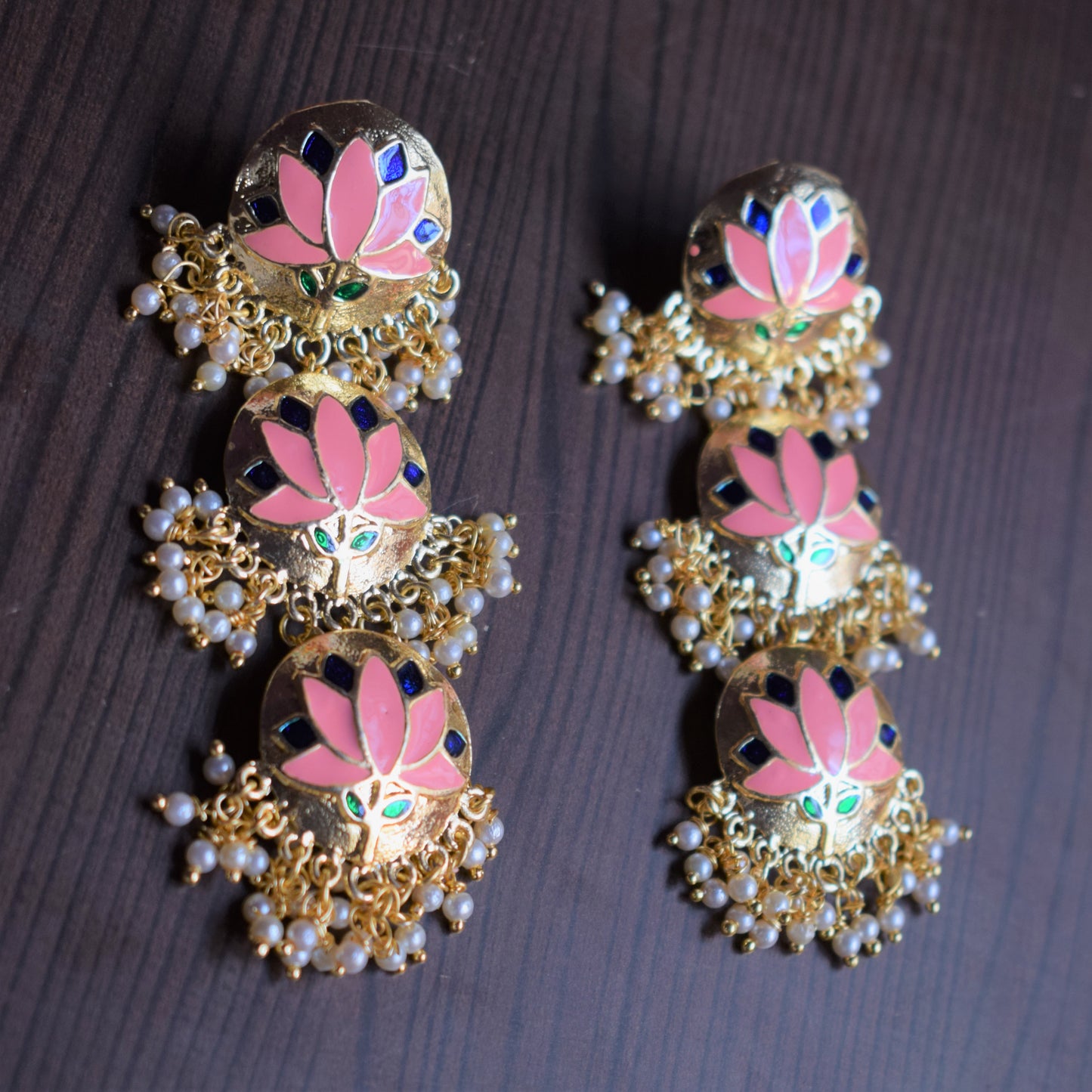 Meenakari and Pearl Layered Lotus Earrings - GlitterGleam