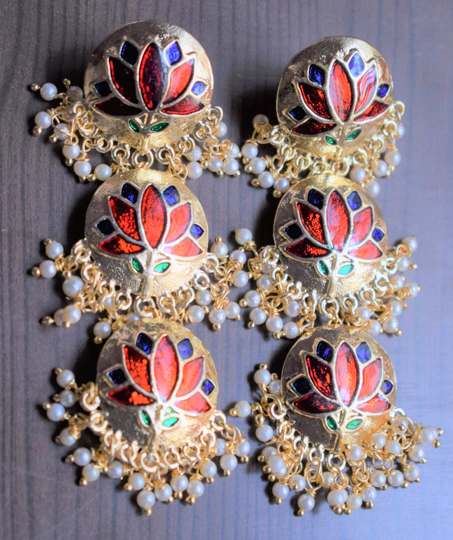 Meenakari and Pearl Layered Lotus Earrings - GlitterGleam