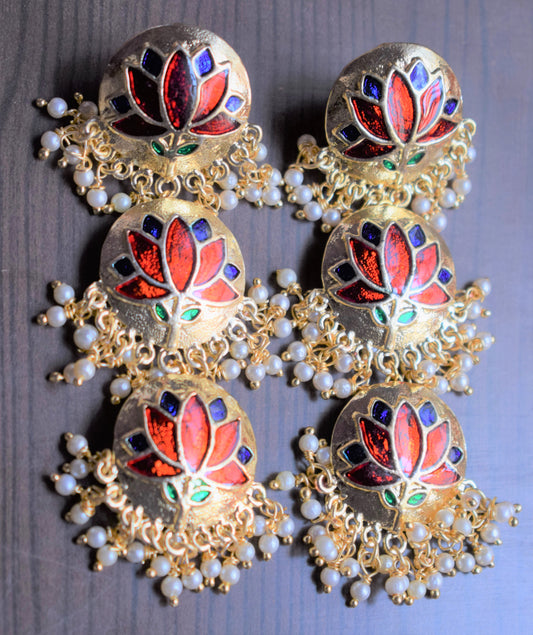 Meenakari and Pearl Layered Lotus Earrings - GlitterGleam