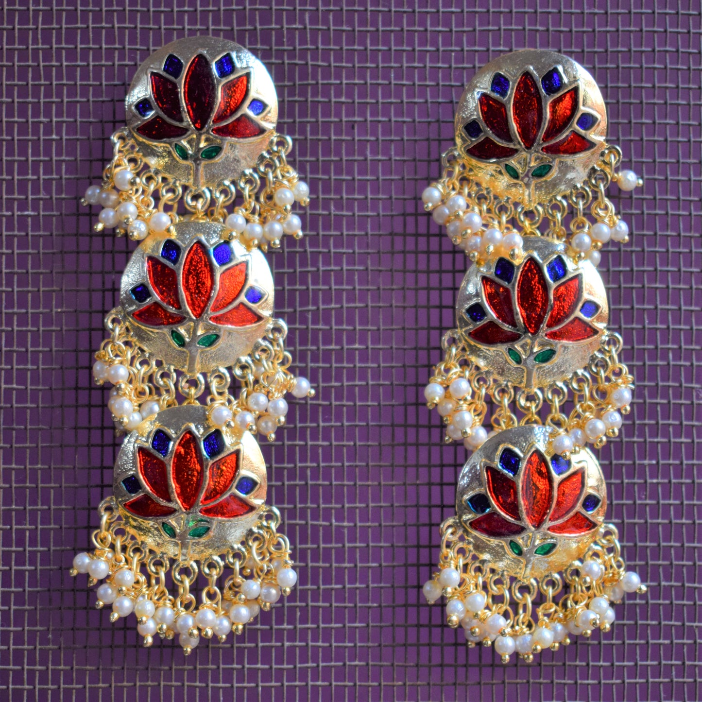 Meenakari and Pearl Layered Lotus Earrings - GlitterGleam