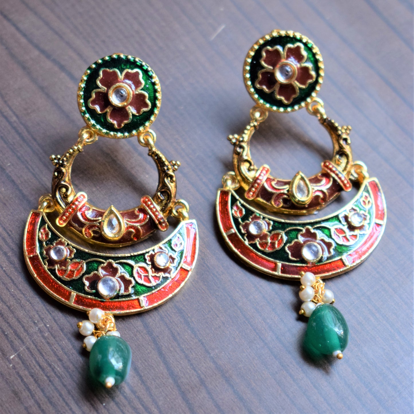 Meenakari and Kundan Carved Chandbali - GlitterGleam