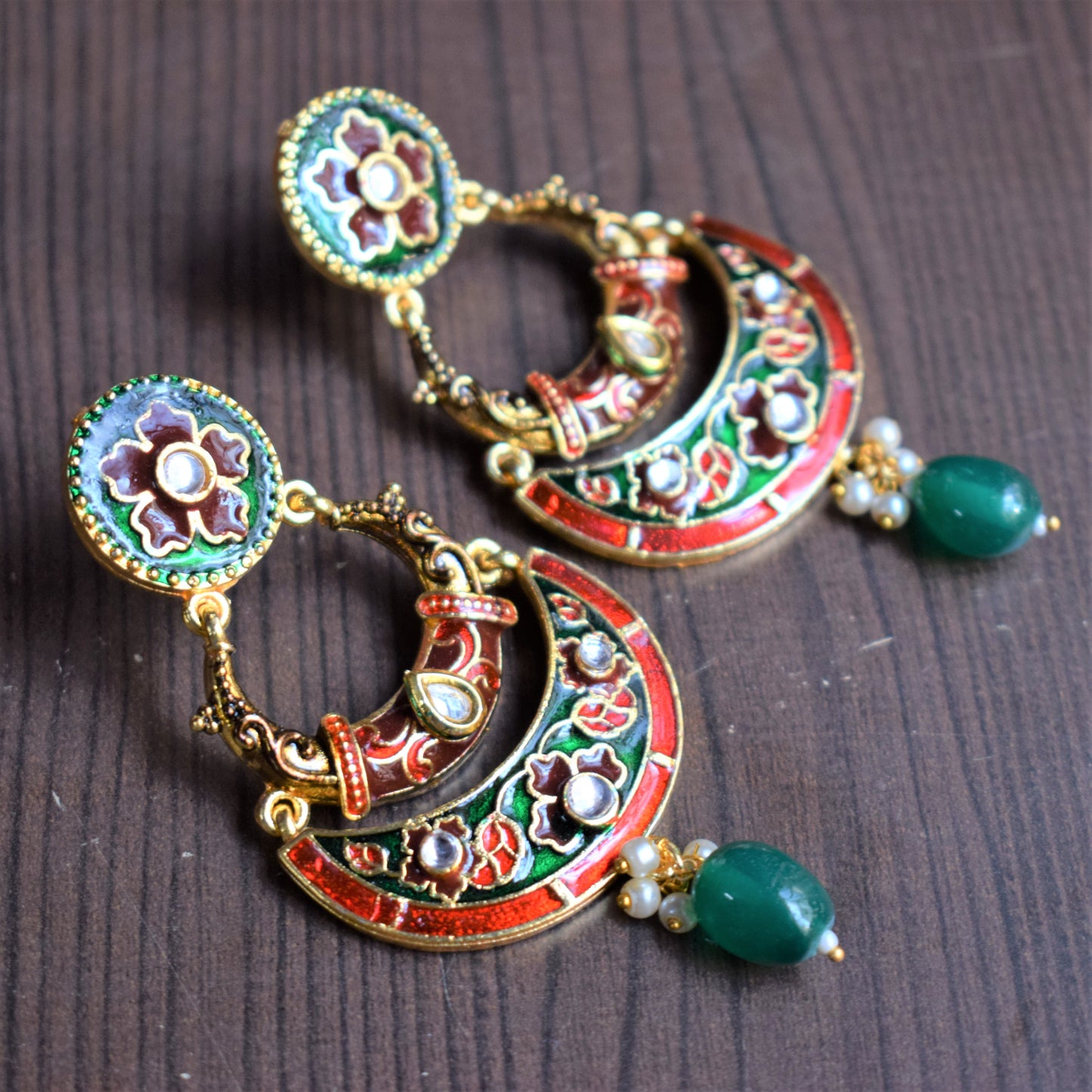 Meenakari and Kundan Carved Chandbali - GlitterGleam