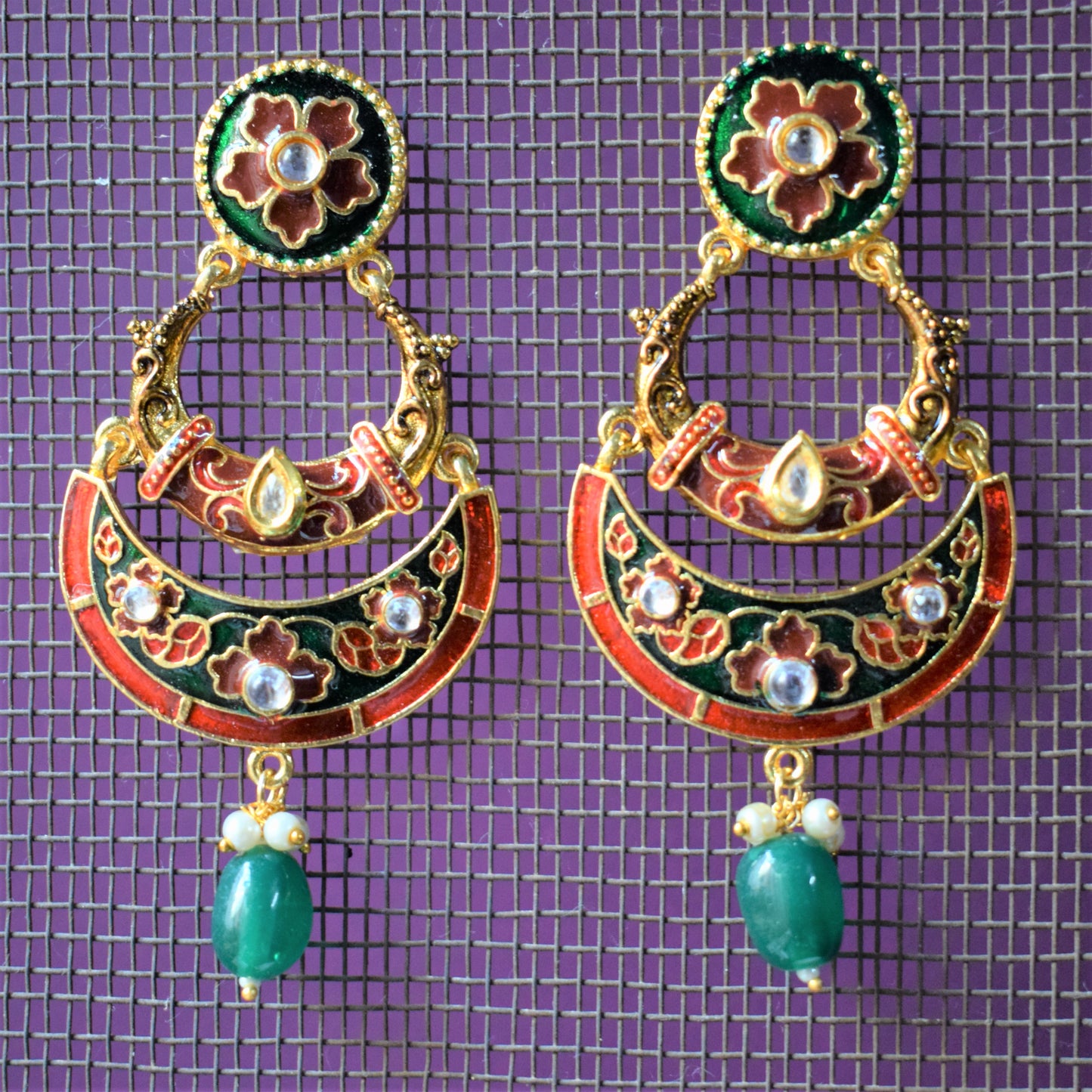 Meenakari and Kundan Carved Chandbali - GlitterGleam