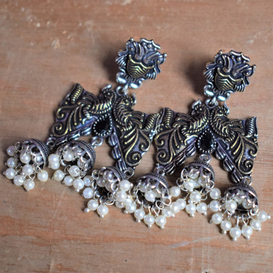 Designer Dual Tone Peacock Cutwork Earring - GlitterGleam