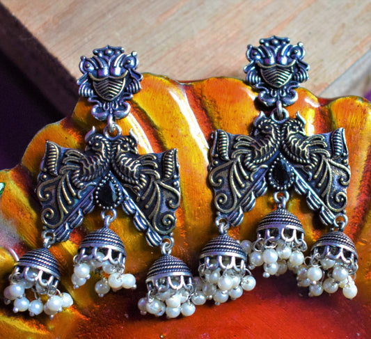 Designer Dual Tone Peacock Cutwork Earring - GlitterGleam