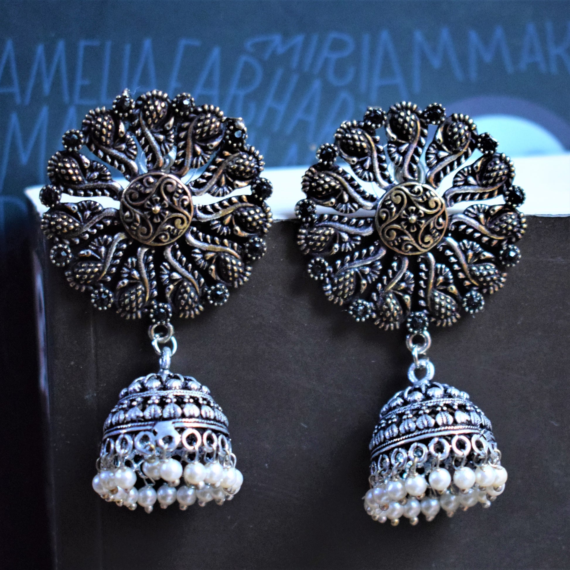 German Silver Peacock Chakra Gemstone Jhumka - GlitterGleam