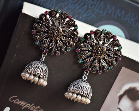 German Silver Peacock Chakra Gemstone Jhumka - GlitterGleam