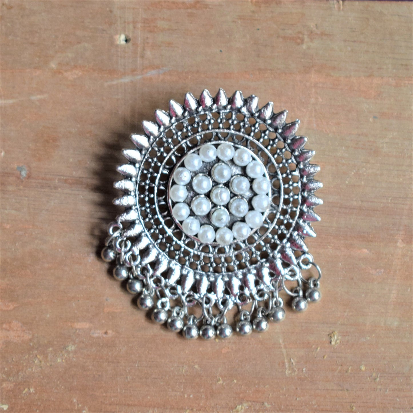 Silver Oxidised Pearl Beaded Large Chakra Stud - GlitterGleam
