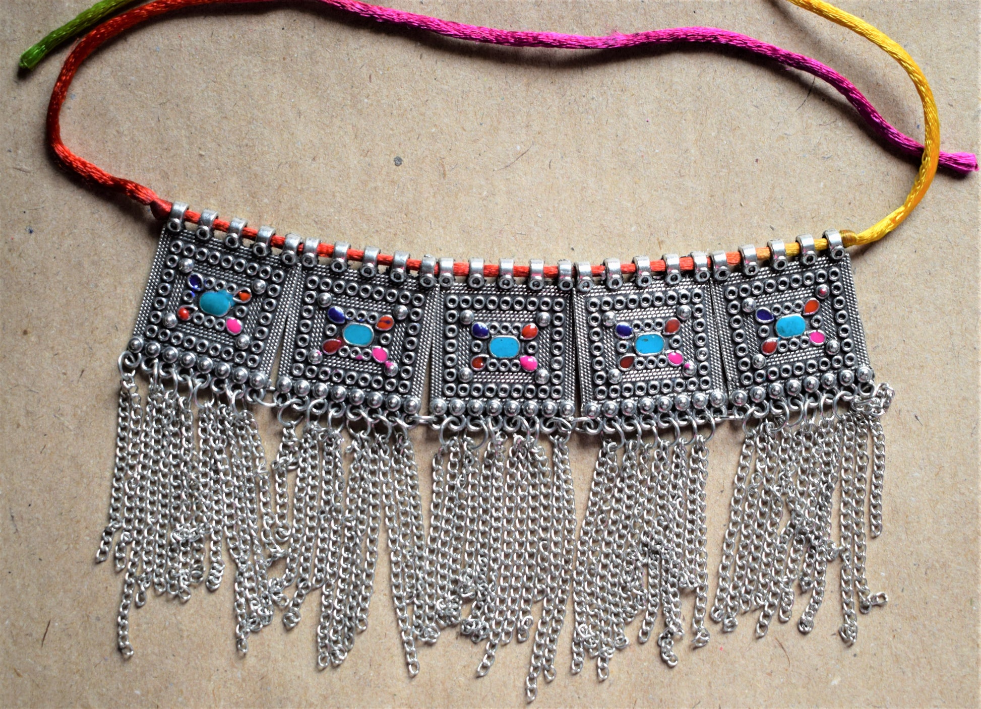 Silver Afghani Choker Necklace with Chain Tassels - GlitterGleam