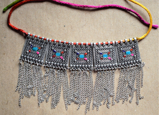 Silver Afghani Choker Necklace with Chain Tassels - GlitterGleam