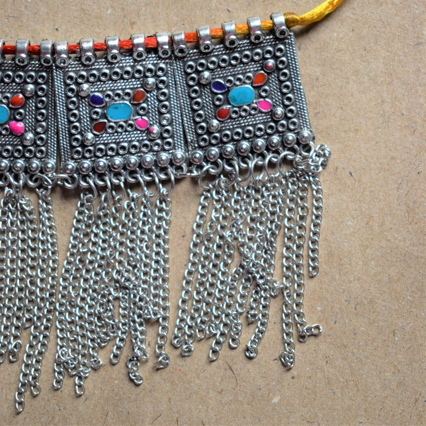 Silver Afghani Choker Necklace with Chain Tassels - GlitterGleam
