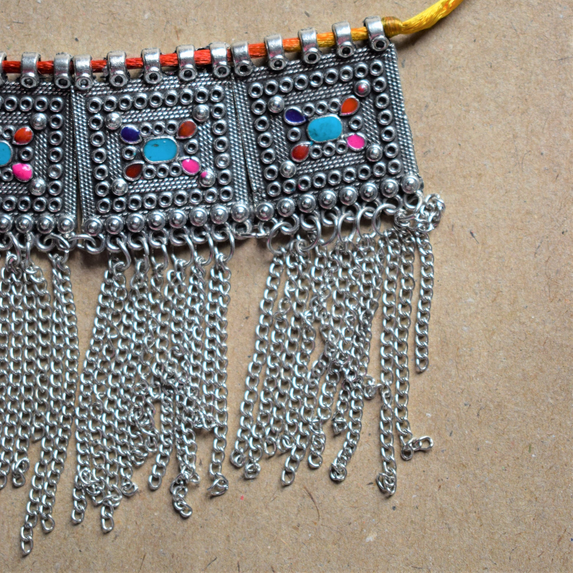 Silver Afghani Choker Necklace with Chain Tassels - GlitterGleam